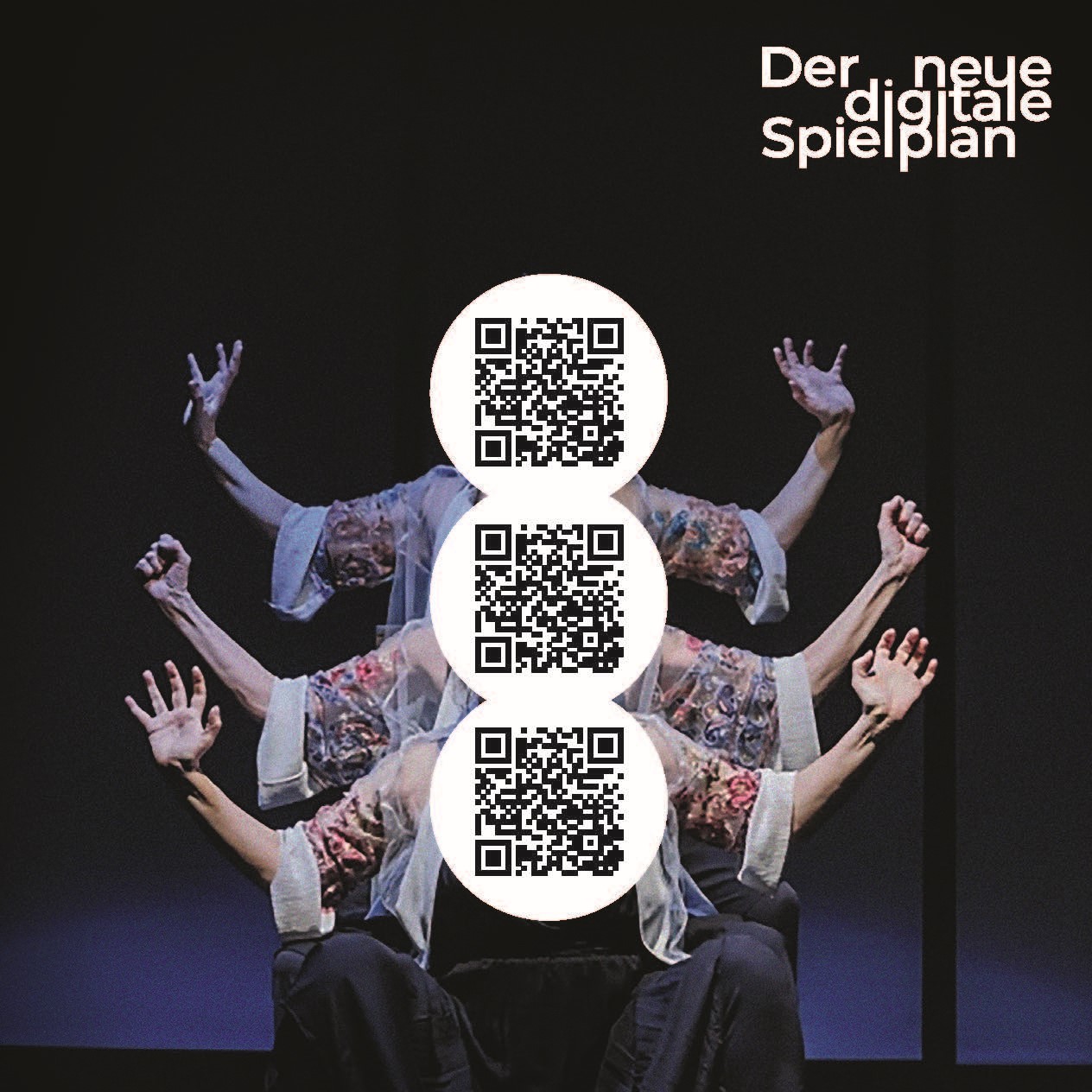 Drei Frauen, die hintereinander stehen und beide Arme seitwärts heben. Statt ihrer Köpfe sieht man QR-Codes, die zum digitalen Spielplan der Freien Szene Saar führen.